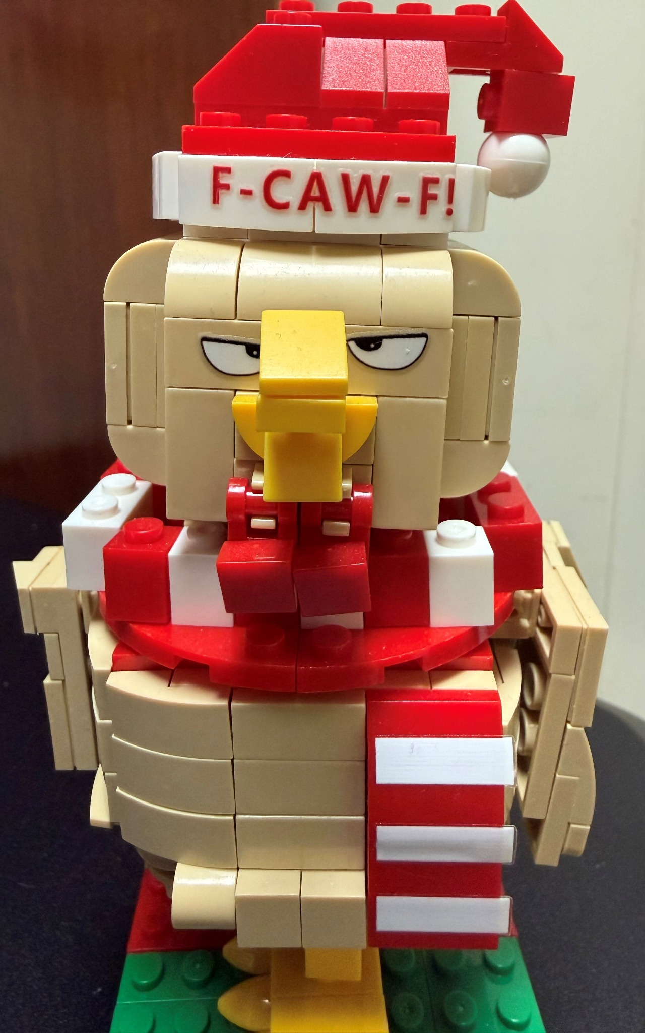 LEGO F-CAW-F chicken on Steve's desk at work