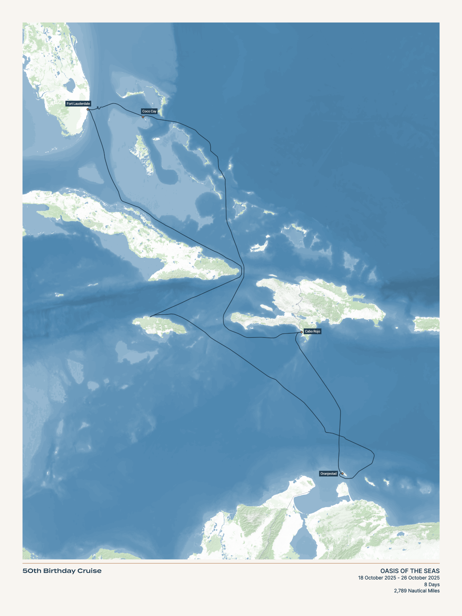 Actual 50th Birthday Cruise route map — Oasis of the Seas, 18 October 2025 to 26 October 2025